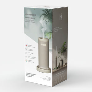 Beige | image shows SereneScent™ Mini Fabric Rechargeable Waterless Diffuser in which it is boxed