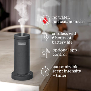 Black | image shows that SereneScent™ Mini Fabric Rechargeable Waterless Diffuser requires no water, no heat, no mess, it is cordless and rechargable and also customizable scent intensity and timer