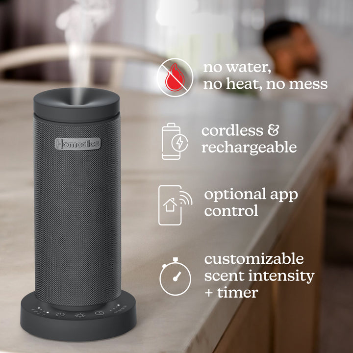 Black | image shows that SereneScent™ Mini Fabric Rechargeable Waterless Diffuser requires no water, no heat, no mess, it is cordless and rechargable and also customizable scent intensity and timer