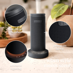 Black | SereneScent™ Mini Fabric Rechargeable Waterless Diffuser comes with luxurious finish, premium fabric, ambient lighting