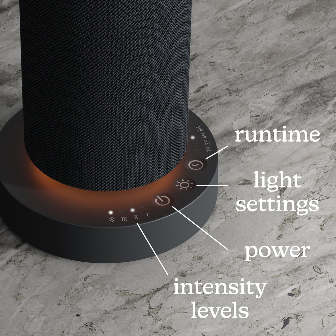 Black | image shows the controls of SereneScent™ Mini Fabric Rechargeable Waterless Diffuser