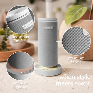 Grey | SereneScent™ Mini Fabric Rechargeable Waterless Diffuser comes with luxurious finish, premium fabric, ambient lighting