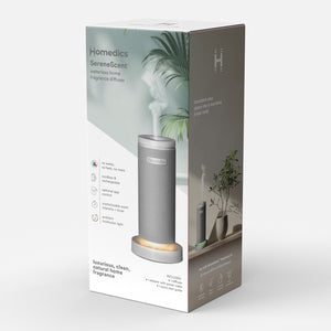 Grey | image shows SereneScent™ Mini Fabric Rechargeable Waterless Diffuser in which it is boxed