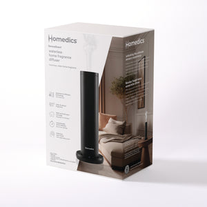 Homedics® SereneScent™ Waterless Home Fragrance Diffuser comes with the unit, a remote control, a CR2025 battery, and an adapter