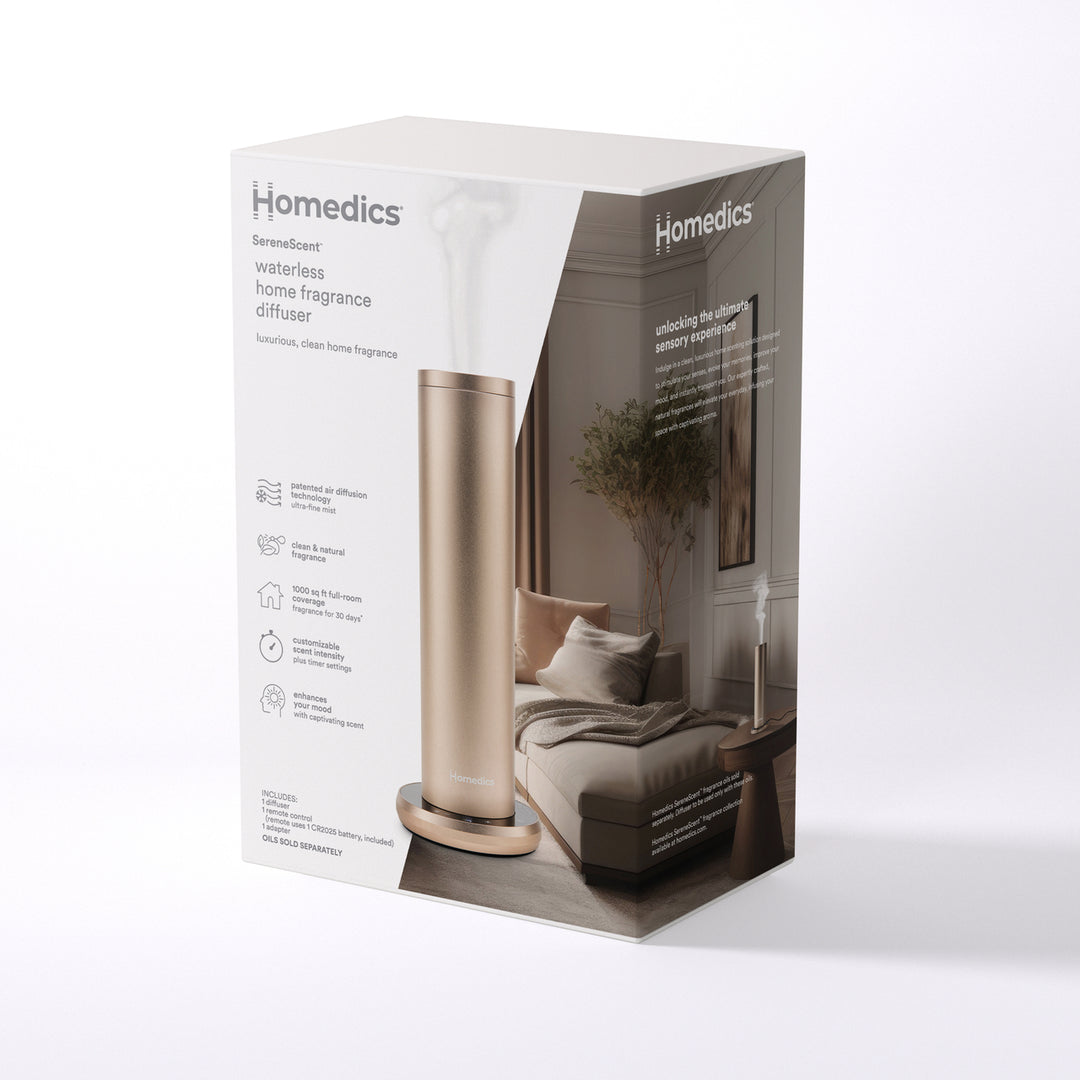 Champagne | Homedics® SereneScent™ Waterless Home Fragrance Diffuser comes with the unit, a remote control, a CR2025 battery, and an adapter