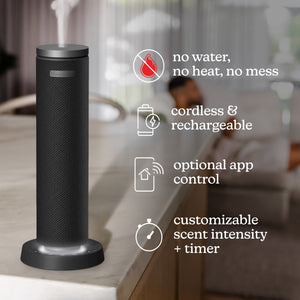 Black | Homedics® SereneScent™ Fabric Rechargeable Waterless Diffuser is cordless, rechargeable, app control, timer with scent intensity adjustable