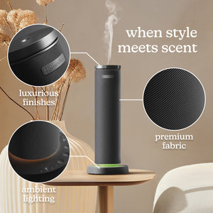 Black | Homedics® SereneScent™ Fabric Rechargeable Waterless Diffuser uses premium fabric, luxurious finishes, ambient lighting