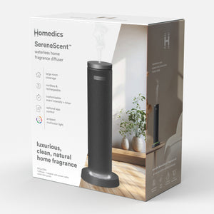 Black | Packaged box of Homedics® SereneScent™ Fabric Rechargeable Waterless Diffuser