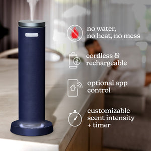 Blue | Homedics® SereneScent™ Fabric Rechargeable Waterless Diffuser is cordless, rechargeable, app control, timer with scent intensity adjustable