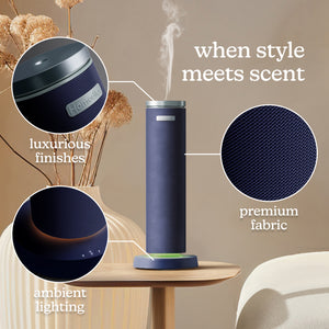 Blue | Homedics® SereneScent™ Fabric Rechargeable Waterless Diffuser uses premium fabric, luxurious finishes, ambient lighting