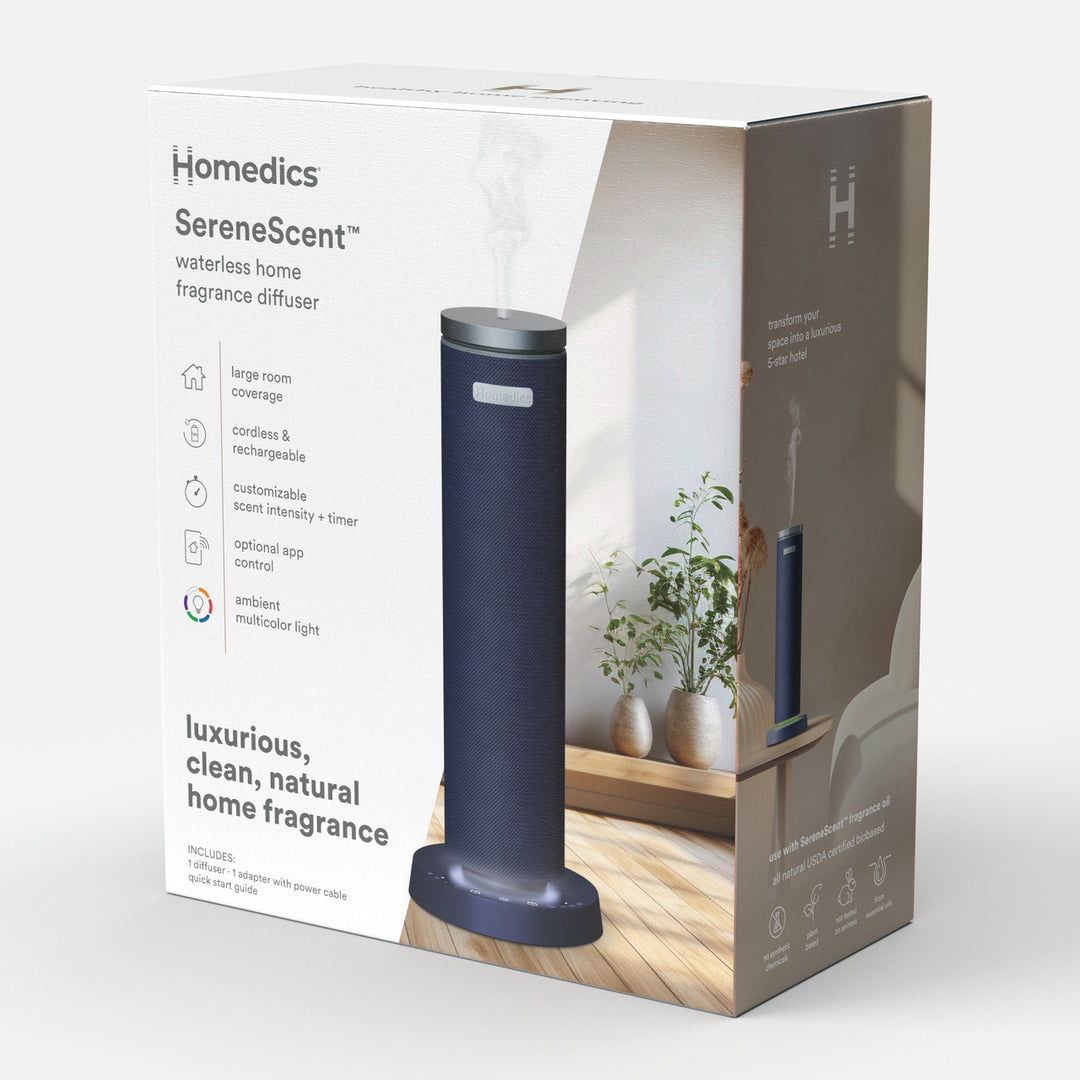 Blue | Packaged box of Homedics® SereneScent™ Fabric Rechargeable Waterless Diffuser