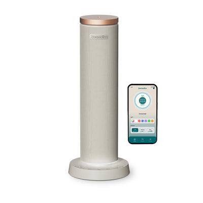 Grey | Front view image of Homedics® SereneScent™ Fabric Rechargeable Waterless Diffuser which is mobile controlled