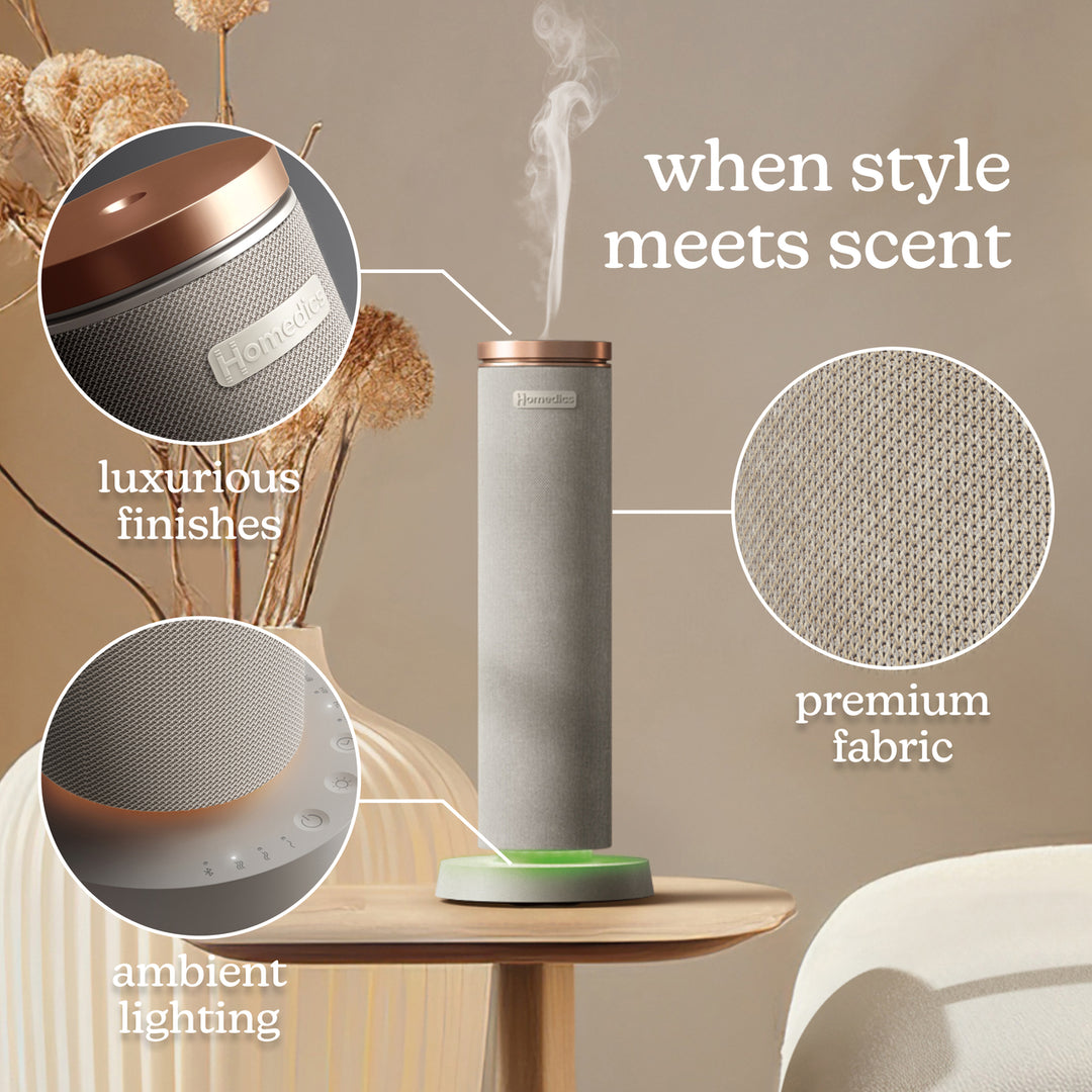 Grey | Homedics® SereneScent™ Fabric Rechargeable Waterless Diffuser uses premium fabric, luxurious finishes, ambient lighting
