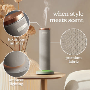 Grey | Homedics® SereneScent™ Fabric Rechargeable Waterless Diffuser uses premium fabric, luxurious finishes, ambient lighting