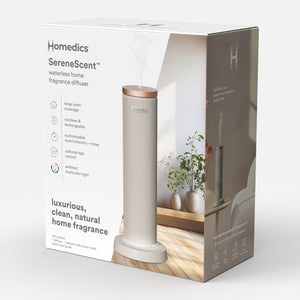 Grey | Packaged box of Homedics® SereneScent™ Fabric Rechargeable Waterless Diffuser