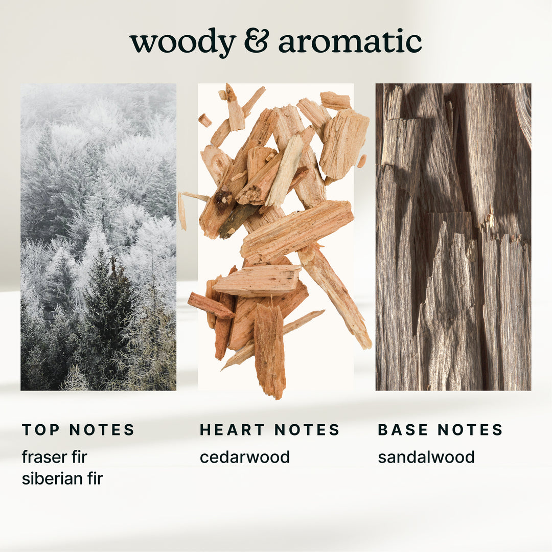 Illustration of a forest scene, wooden logs, and tree bark with text indicating 'woody & aromatic' notes.