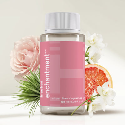 Bottle of SereneScent™ Enchantment with flowers and a grapefruit slice on a light background.