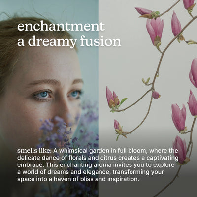 Woman with flowers and text about a dreamy fusion of nature and fragrance.
