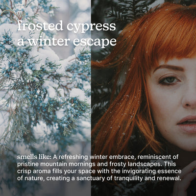 Winter scene with snow-covered trees and a person with red hair, text overlay about a winter escape.