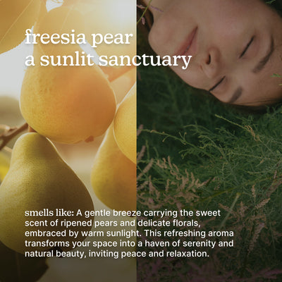 Pear with text overlay 'freesia pear a sunlit sanctuary' and a person lying on grass.