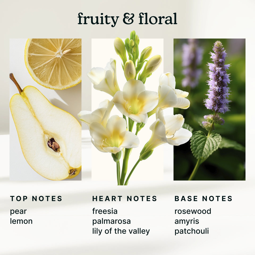 fruity and floral descriptions of scent including pear, lemon, freesia and rosewood with imagery of a pear, freesia an patchouli.