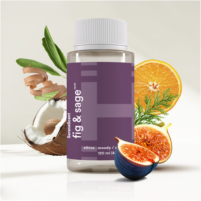 SereneScent™ Fig & Sage diffuser bottle with fig, orange, and coconut elements on a light background