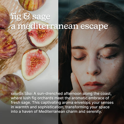 Fig and sage theme with a woman's face and text about Mediterranean escape.