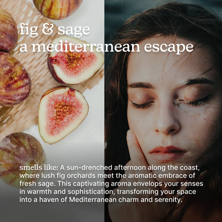 Fig and sage theme with a woman's face and text about Mediterranean escape.