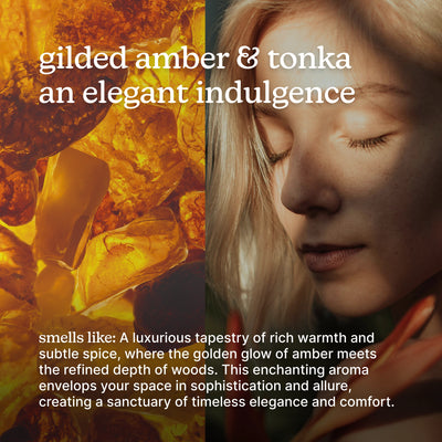 Amber stone with a woman's face and descriptive text about gilded amber & tonka fragrance.
