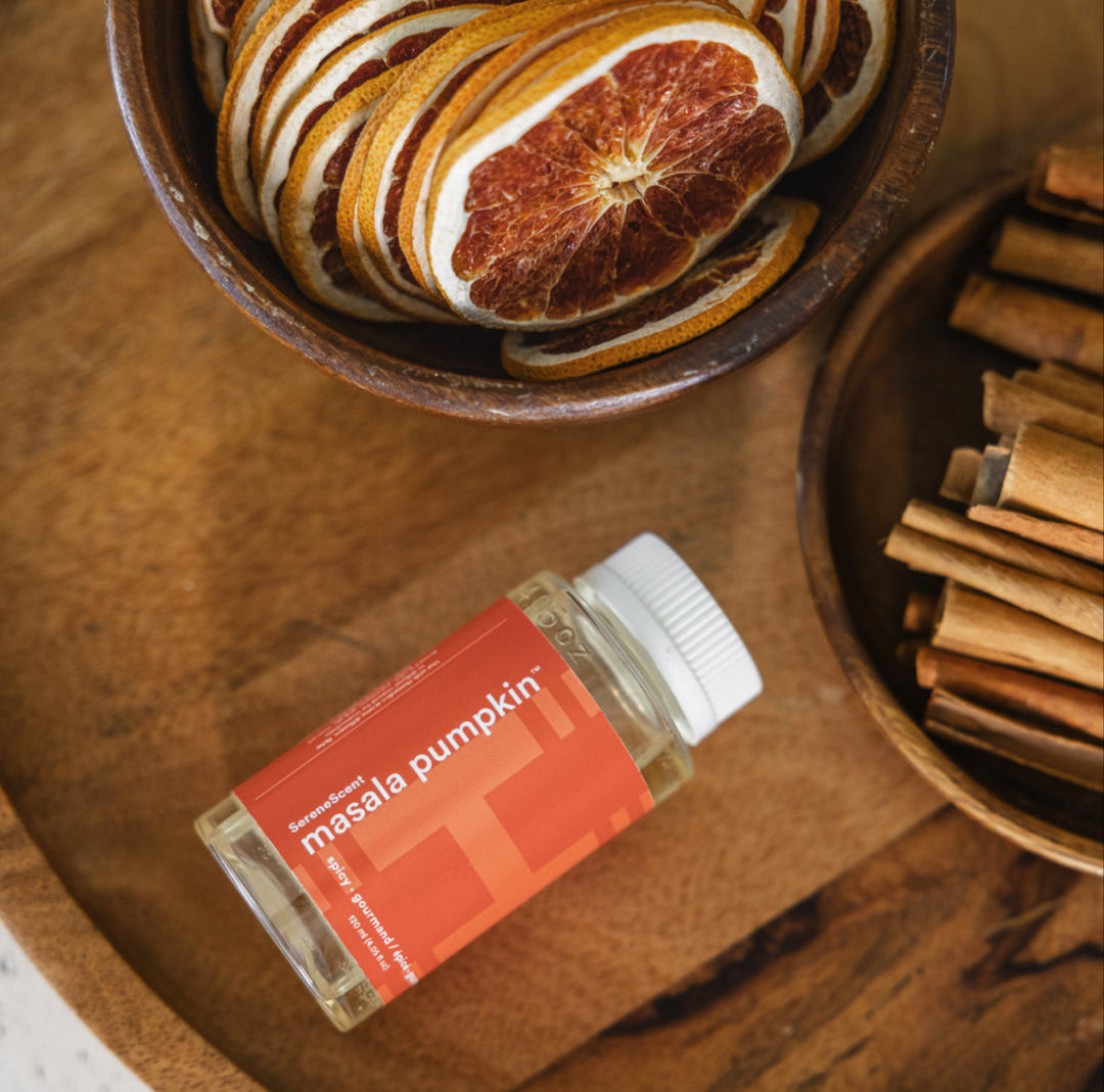 Lifestyle image showing ingredients of  SereneScent™ Masala Pumpkin fragrance.