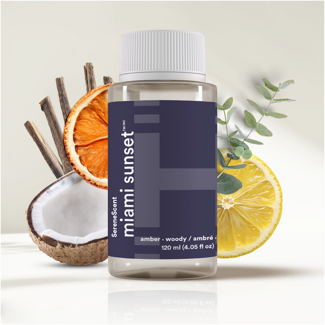 SereneScent™ Miami Sun with natural elements like orange, lemon, and coconut on a light background.