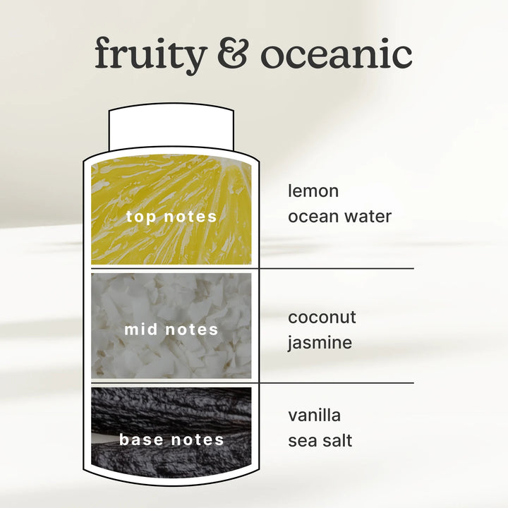 fruity & oceanic, top notes -lemon ocean water
mid notes -coconut jasmine
base notes - vanilla sea salt