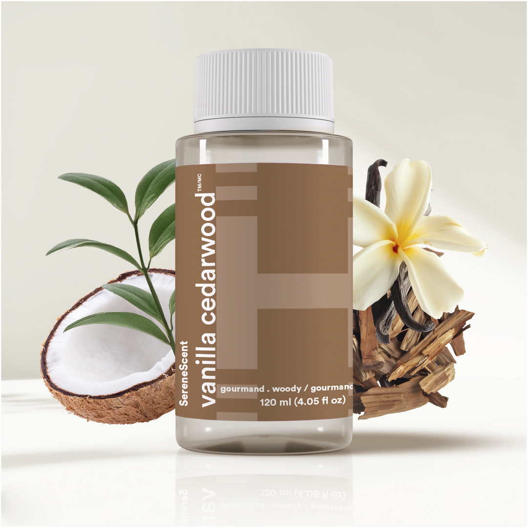 SereneScent™ Vanilla Cedarwood with coconut, vanilla flower, and cinnamon on a light background