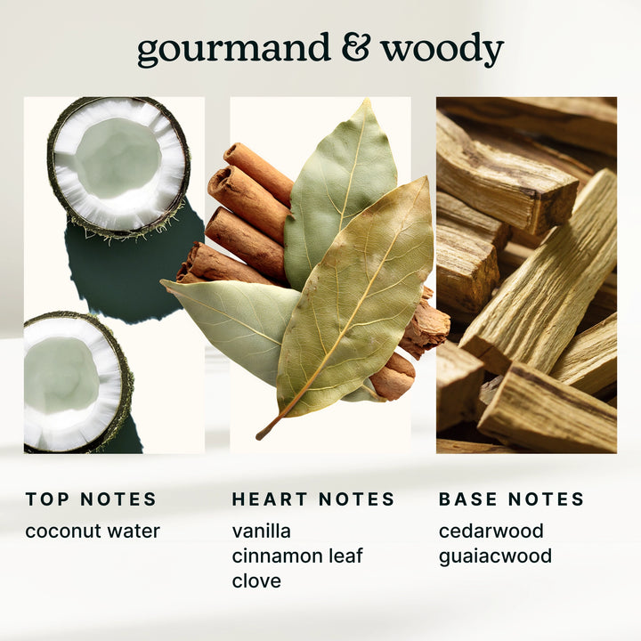 Gourmand and Woody fragrance notes with coconut, cinnamon, and wood elements.