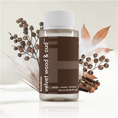 Lifestyle image showing ingredients of SereneScent™ Velvet Wood & Oud fragrance.
