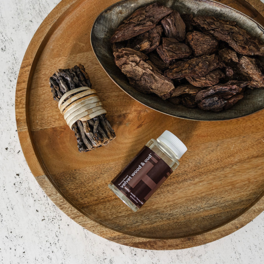 Lifestyle image showing ingredients of SereneScent™ Velvet Wood & Oud fragrance.