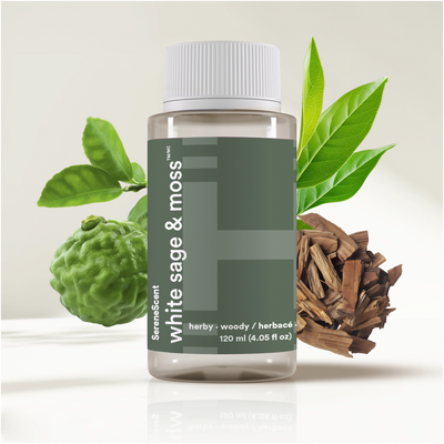 SereneScent™ White Sage & Moss with green leaves and wood chips on a light background