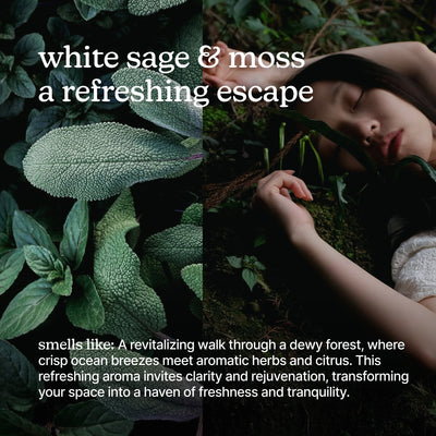 White sage and moss with a person lying on the ground, text about refreshing escape.