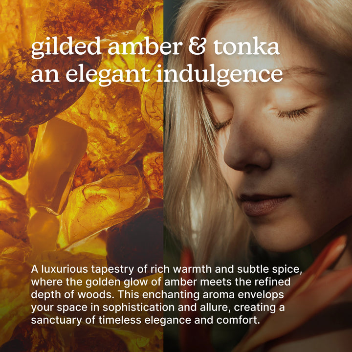 Amber stone and a woman with closed eyes, with text describing an elegant indulgence.