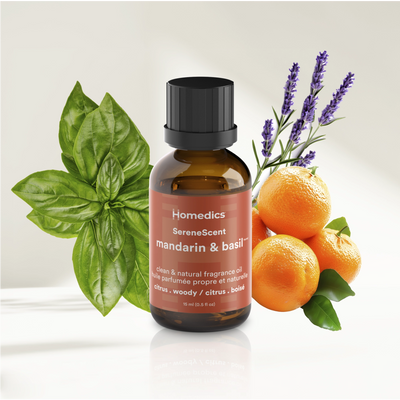 Image shows Mandarin & Basil SereneScent™ Fragrance Oil is citrus & woody
