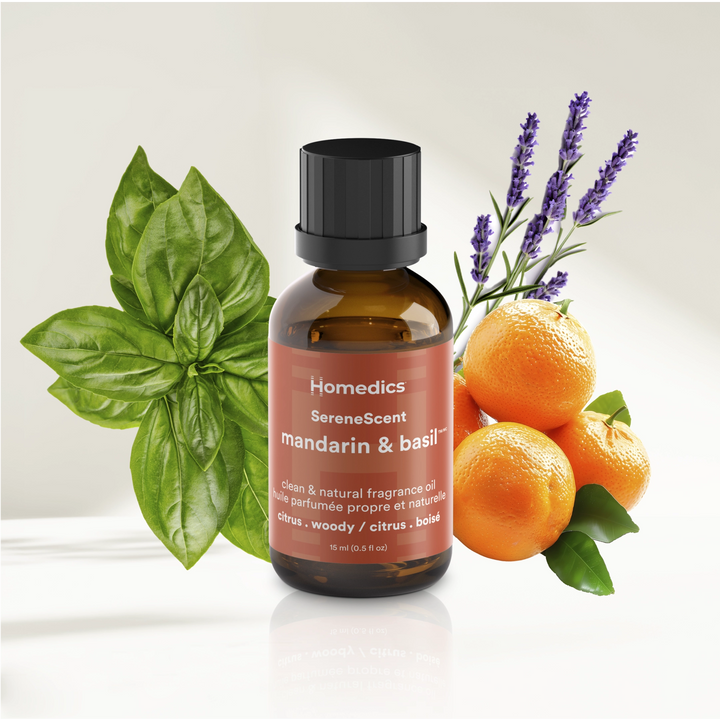 Image shows Mandarin & Basil SereneScent™ Fragrance Oil is citrus & woody
