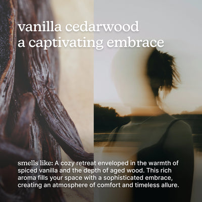Text description of vanilla cedarwood fragrance with a split image of a tree and a person.