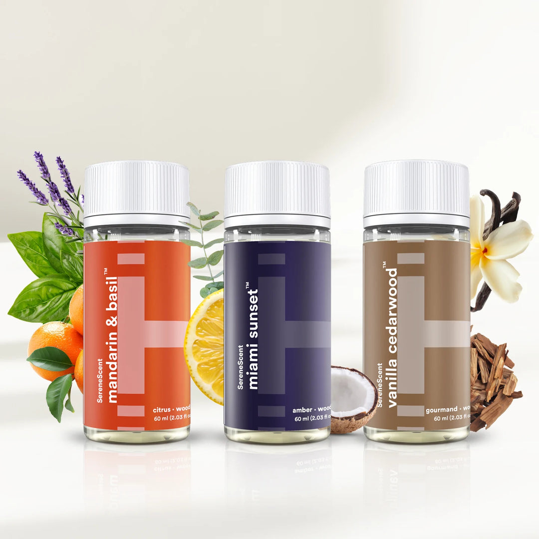 Three bottles of different scents with their respective names and colors on a white background.