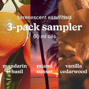 SereneScent™ Essentials 3-pack sampler with images of mandarin, miami sunset, and vanilla cedarwood scents.