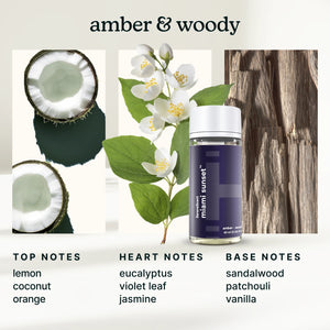 Product packaging with floral elements and color swatches labeled 'amber & woody'.