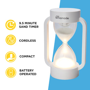 Make Lemonade Hourglass Nightlight is a 9.5 minute sand timer, cordless, compact, and battery operated