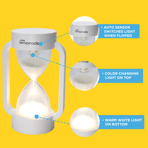 Make Lemonade Hourglass Nightlight switches light when flipped and has a warm white light on bottom