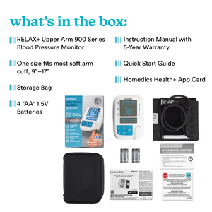 When you purchase a Homedics® Relax+ Upper Arm 900 Series Blood Pressure Monitor for Easy, Accurate Results there are many items that come in the box