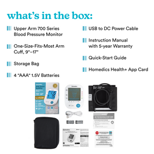 Homedics® 5-Day Trend-at-a-Glance Arm 700 Series Blood Pressure Monitor, One-Touch Use Accurate Results comes with multiple items in the box