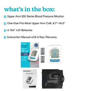 Homedics® Upper Arm 300 Series Blood Pressure Monitor, Easy One-Touch Operation, Accurate Results has 4 items that are included in the box